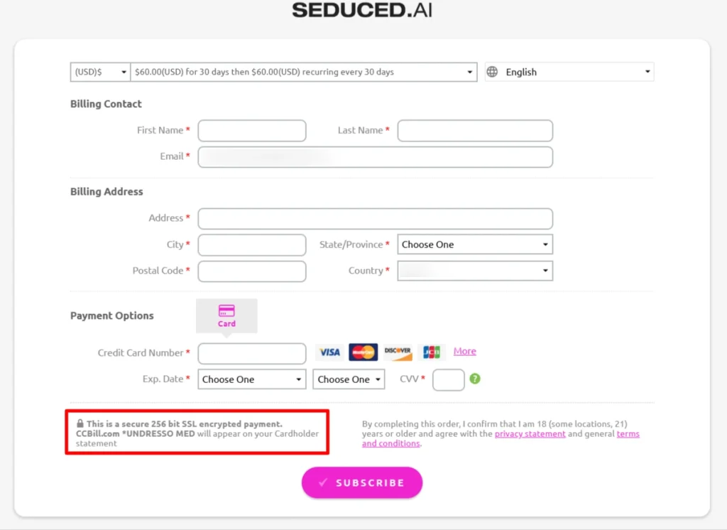 Seduced AI Billing name with Card (CCBill)